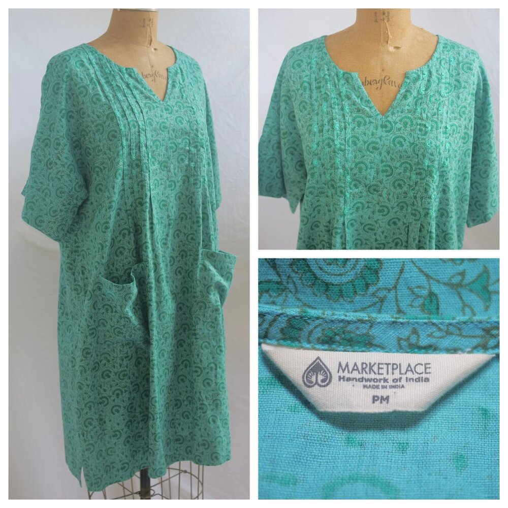MARKETPLACE Handwork of India Blue Floral Block Print Dress Pockets Embroidery M